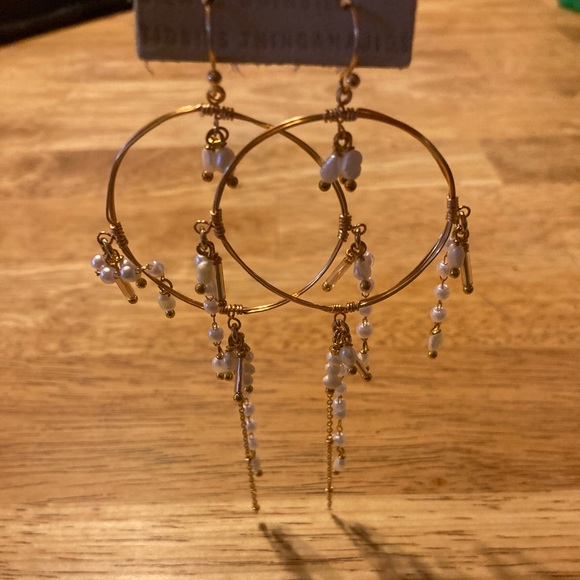 Anthropologie Pearl Embellished Hoop Drop Earrings - Picture 6 of 7